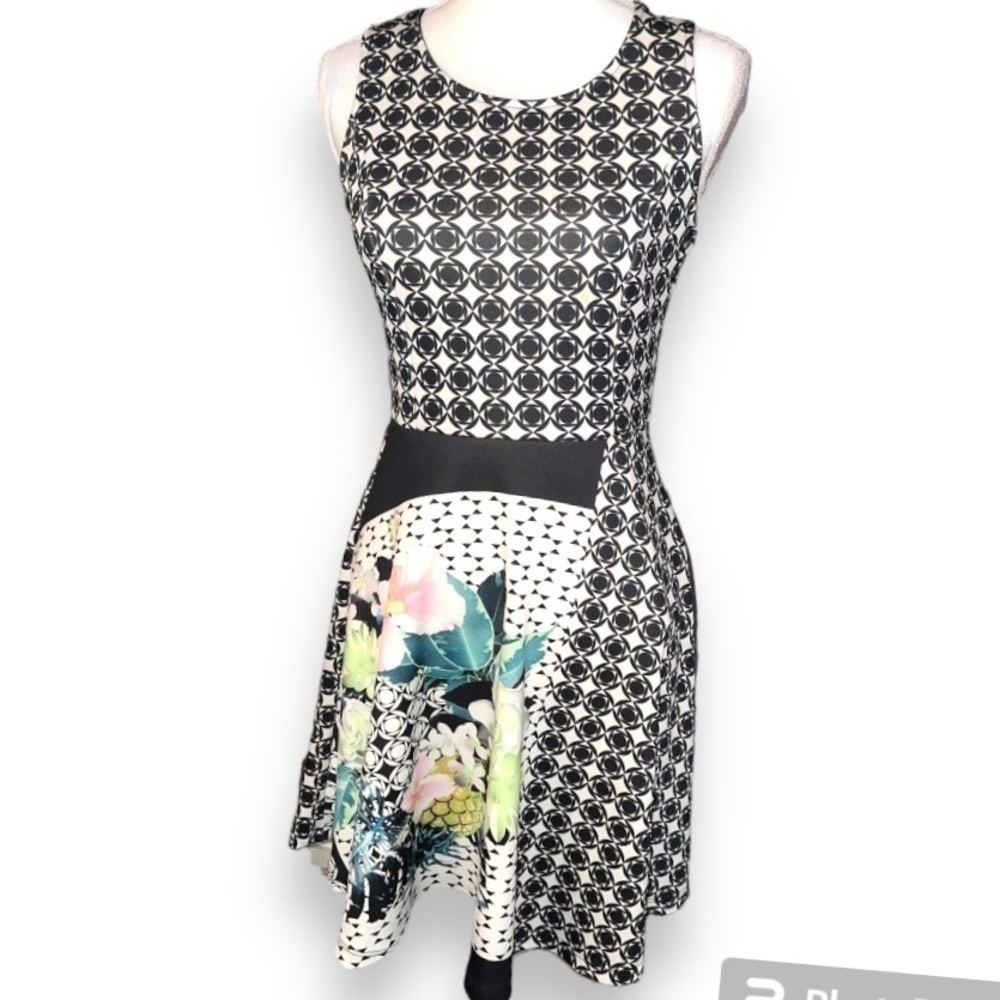 Aqua pretty print sleeveless dress, floral and checks, S.